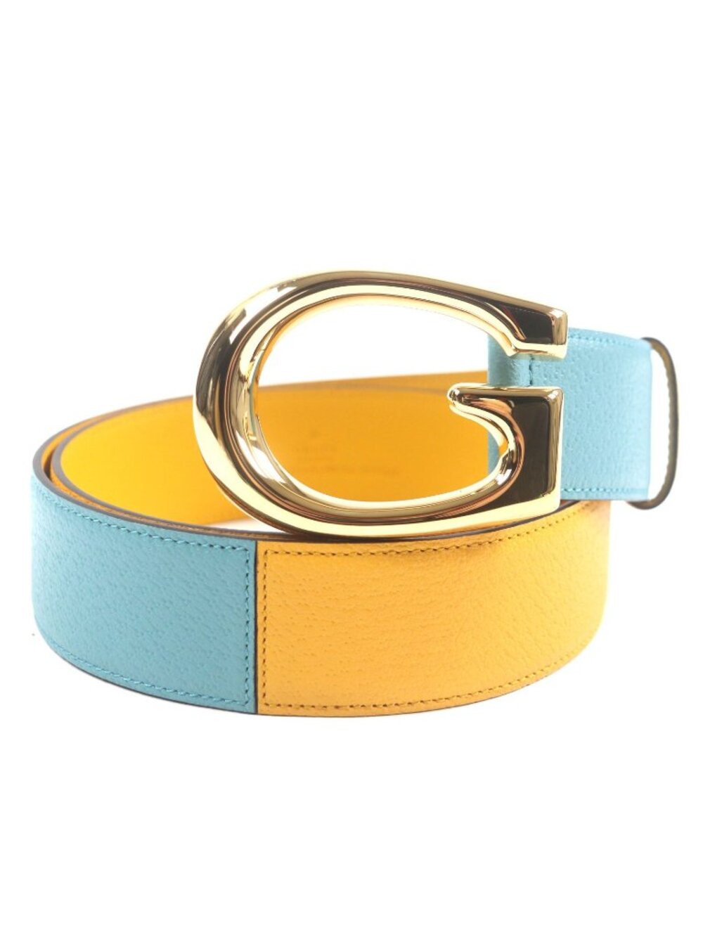 Gucci Memorable Buckle G Logo Bicolor Leather Belt Yellow Blue Gold